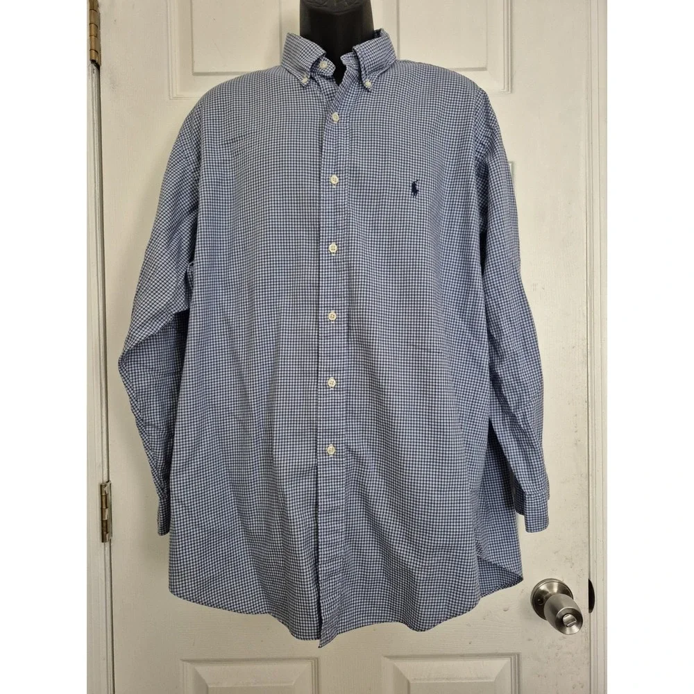 Polo Ralph Lauren Yarmouth Button Down Pinpoint Oxford Blue Plaid Shirt Mens XL
